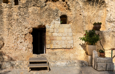 Entrance to Garden Tomb considered as actual place of burial and resurrection of Jesus Christ near...