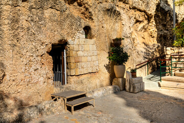 Entrance to Garden Tomb considered as actual place of burial and resurrection of Jesus Christ near...