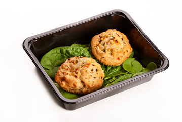 Black box diet packs with food on a white background packshot