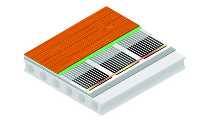 Vector illustration underfloor heating isolated on white background. Technical details of infrared floor heating system under laminate in flat cartoon style. 3D isometric layers of floor heating.
