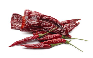 Dried spicy red peppers, dry paprika isolated on white background