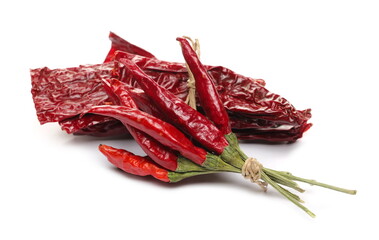 Dried spicy red peppers, dry paprika tied with string bundle isolated on white background