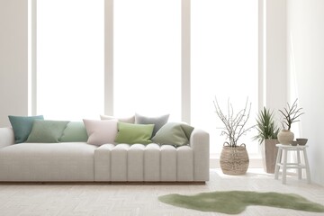 White living room with sofa. Scandinavian interior design. 3D illustration