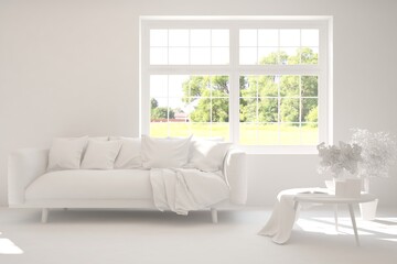 White living room with sofa and summer landscape in window. Scandinavian interior design. 3D illustration