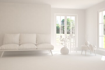 White living room with sofa and summer landscape in window. Scandinavian interior design. 3D illustration