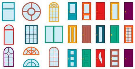 Windows and doors. Set of cartoon multicolored windows and doors isolated on white background. Vector, cartoon illustration. Vector.