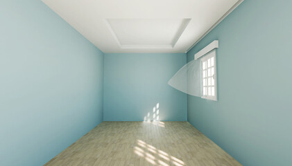 Home interior rendering with empty room color wall and decorated with wooden floors. and curtains in the wind.