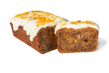 Carrot cake with cocoa and dried fruits on a light background. Home delivery. Festive concept. Quarantine.