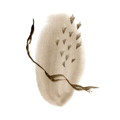 Watercolor abstract hand drawn illustration with sandy textured shape, sepia flake and dots. A brown square picture with a white background.