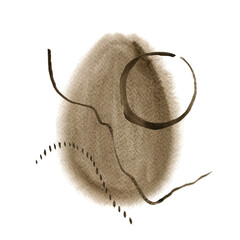 Watercolor abstract hand drawn illustration with sepia textured shape, flake, circle and dots. A brown square picture with a white background.