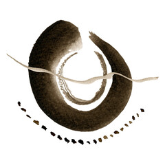 Watercolor abstract hand drawn illustration with sepia textured shape, lines and dots. A square picture with a white background.