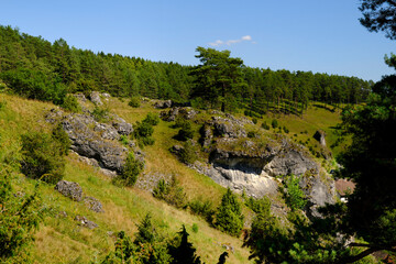 Landschaft und Felsenhänge im Kleinziegenfelder Tal, Fränkische Schweiz, Landkreis Lichtenfels,...