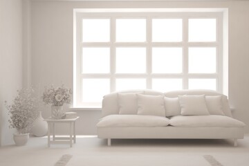 White minimalist living room with sofa. Scandinavian interior design. 3D illustration