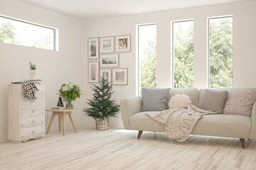 White living room with sofa. Scandinavian interior design. 3D illustration