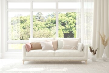 White living room with sofa and summer landscape in window. Scandinavian interior design. 3D illustration