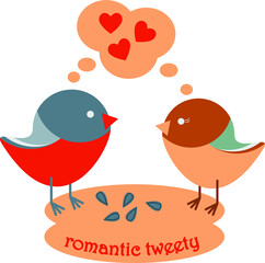 Romantic Valentine day composition with two birds fell in love and lettering