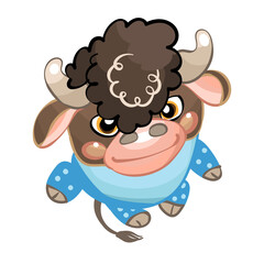 Fototapeta premium 2021. A calf, a small bull in blue clothes with black hair. A kid with big eyes. Cute animal. a boy. Funny cartoon childrens picture. New Year Of The Bull. Symbol of the year.Beast, bull, Yak