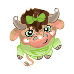 2021. A calf, a small cow in green clothes with a bow on her head. A kid with big eyes. Cute animal. A girl. Funny cartoon children's picture. New Year Of The Bull. Symbol of the year.Beast, bull, Yak