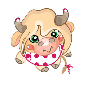 2021 Calf, little cute girl. A little girl with big eyes. Cute animal. A girl in a polka dot dress. Funny cartoon raster childrens picture. New Year Of The Bull. Symbol of the year. Cow, bull, Yak