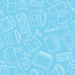 Home machines - Vector background (seamless pattern) of microwave, oven, refrigerator, vacuum, blender, kettle and other appliances for graphic design
