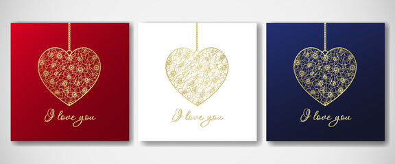 Valentine's Day card: gold heart pendant on chain, floral cut out pattern, text. Set of red, white, dark blue backgrounds. Realistic design. Vector décor for love, romance, wedding illustration.
