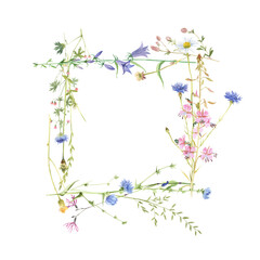 Square frame with watercolor meadow flowers - obrazy, fototapety, plakaty