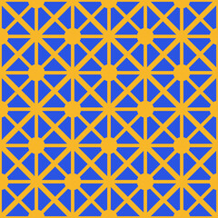 Exotic chinese geometric pattern with rhombuses. Seamless crossing ornament with modern minimalist arabesques. Arabic-like or moroccan-like bold pattern in cobalt and saffron palette