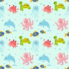 Seamless pattern with marine mammals, colorful vector illustration - turtle, crab, jellyfish, dolphin, octopus and fishes. Ocean and underwater. Endless texture for kids design