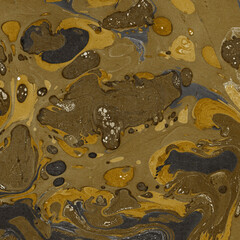 Gold luxury marble ink texture on watercolor paper background. Marble stone image. Bath bomb effect. Psychedelic biomorphic art.
