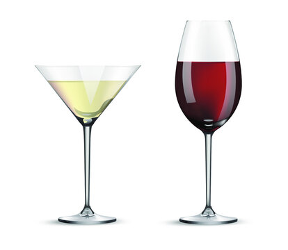 Two glasses for wine and cocktails isolated on white background realistic glasses with carbonated drinks, celebration concept. Vector illustration.