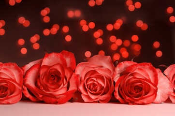Obraz na płótnie Canvas Macro viev of red roses on bright bokeh background, Valentine's Day, Mother's Day, World Women's Day holiday concept