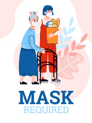 Card with Mask required inscription and volunteer helping to an elderly woman. Banner of required mask wearing rules during quarantine, cartoon vector illustration.
