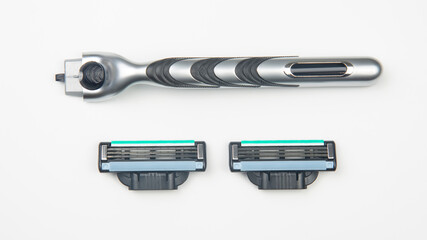razor cassette on white background. manual face shaving machine. stubble blade. depilation