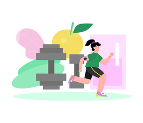 Young woman is engaged in sports for weight loss and control of weight. Girl running outdoor. Active lifestyle, proper and healthy nutrition. Flat vector isolated illustration.