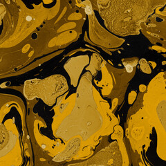 Gold luxury marble ink texture on watercolor paper background. Marble stone image. Bath bomb effect. Psychedelic biomorphic art.