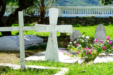 French Polynesia, Marquesas, Nuku Hiva. Village Cemetery . 
