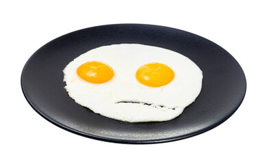 two fried eggs on black plate isolated on white background. Fried eggs like the angry face