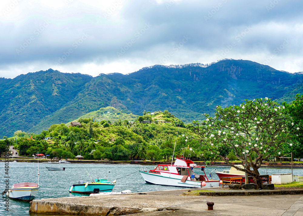 Wall mural french polynesia, marquesas, nuku hivaboats in a quiet lagoon with a mountain landscape in the backg