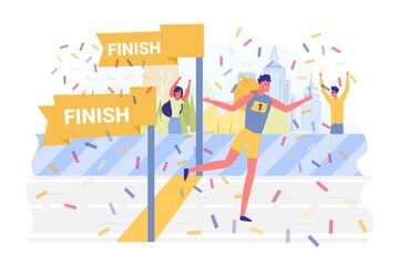 Athlete Wins Race, Confetti Fly around, Cartoon.