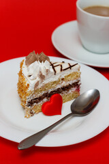 Valentines Day Breakfast With Cooffee and biscuit cake on red background