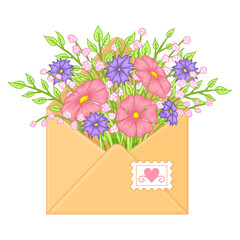 envelope with flowers. Valentines day greeting card. Hand drawn objects. Cartoon style. Vector illustration. Isolated on white.