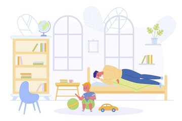 Fototapeta premium Father Sleeping on Bed in Children Room near Son.