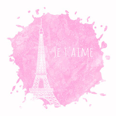 Fototapeta na wymiar Silhouette of the Eiffel tower on the background of watercolor splashes. Valentine's day greeting card. Vector illustration.