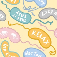 Fototapeta premium Vector seamless pattern of sleep masks. Rest, relaxation, good sleep. Face masks with lettering design for printing on textiles, packaging, paper, wallpaper.