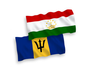 National vector fabric wave flags of Tajikistan and Barbados isolated on white background. 1 to 2 proportion.