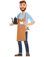 Barista holding tray of tea. Male person in cartoon style.