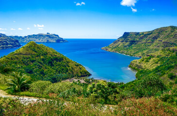 Fototapeta na wymiar French Polynesia, Marquesas, Nuku Hiva Island. Panoramic view on Hakapaa Bay. 