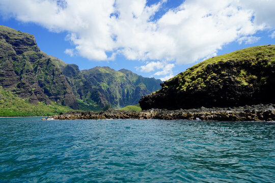  French Polynesia, Marquesas, Nuku Hiva. Boat drive along the coastline