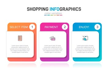 Concept of shopping process with 3 successive steps. Three colorful graphic elements. Timeline design for brochure, presentation, web site. Infographic design layout.