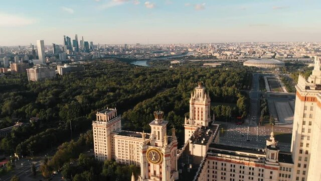 Moscow aerial skyline view at summer day. tower Lomonosov Moscow State University Skyscraper at sunset.